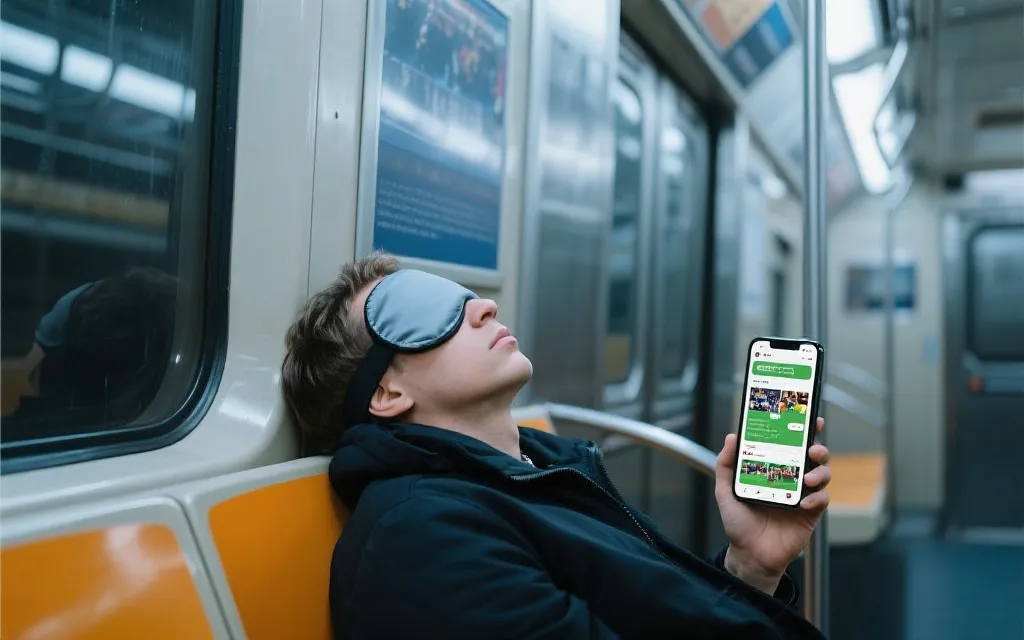 通勤途中戴眼罩小憩的人与旁边打开的比赛集锦画面，效率与热爱并行